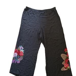 Harari 100% Silk Wide-Leg Pants XL – Black with Floral Print – Art to Wear